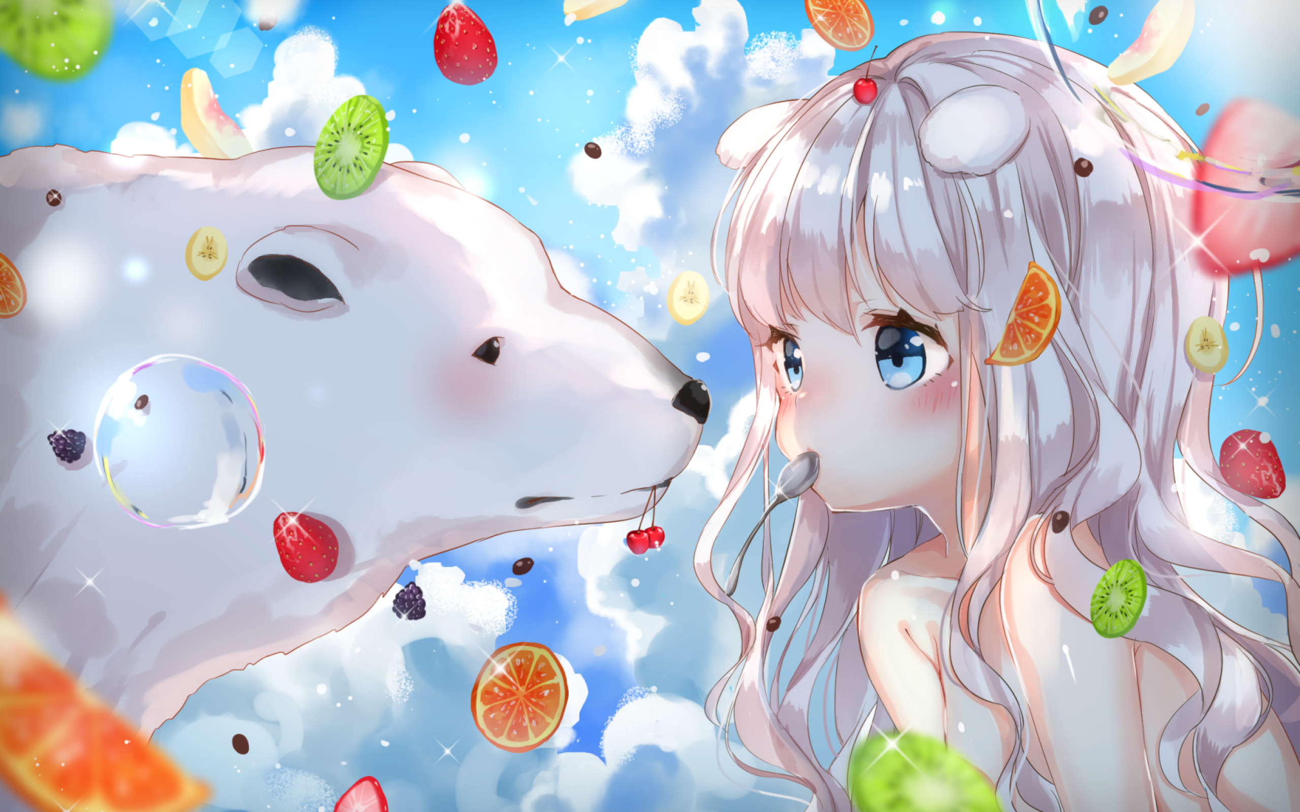 Anime Girl Loli Fruits Eating White Hair Anime Girl With