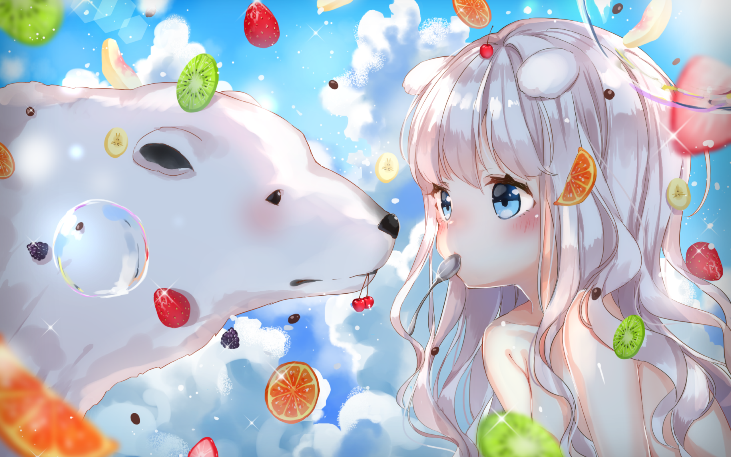 Anime Girl, Loli, Fruits, Eating, White Hair - Anime Girl With Fruits , HD Wallpaper & Backgrounds