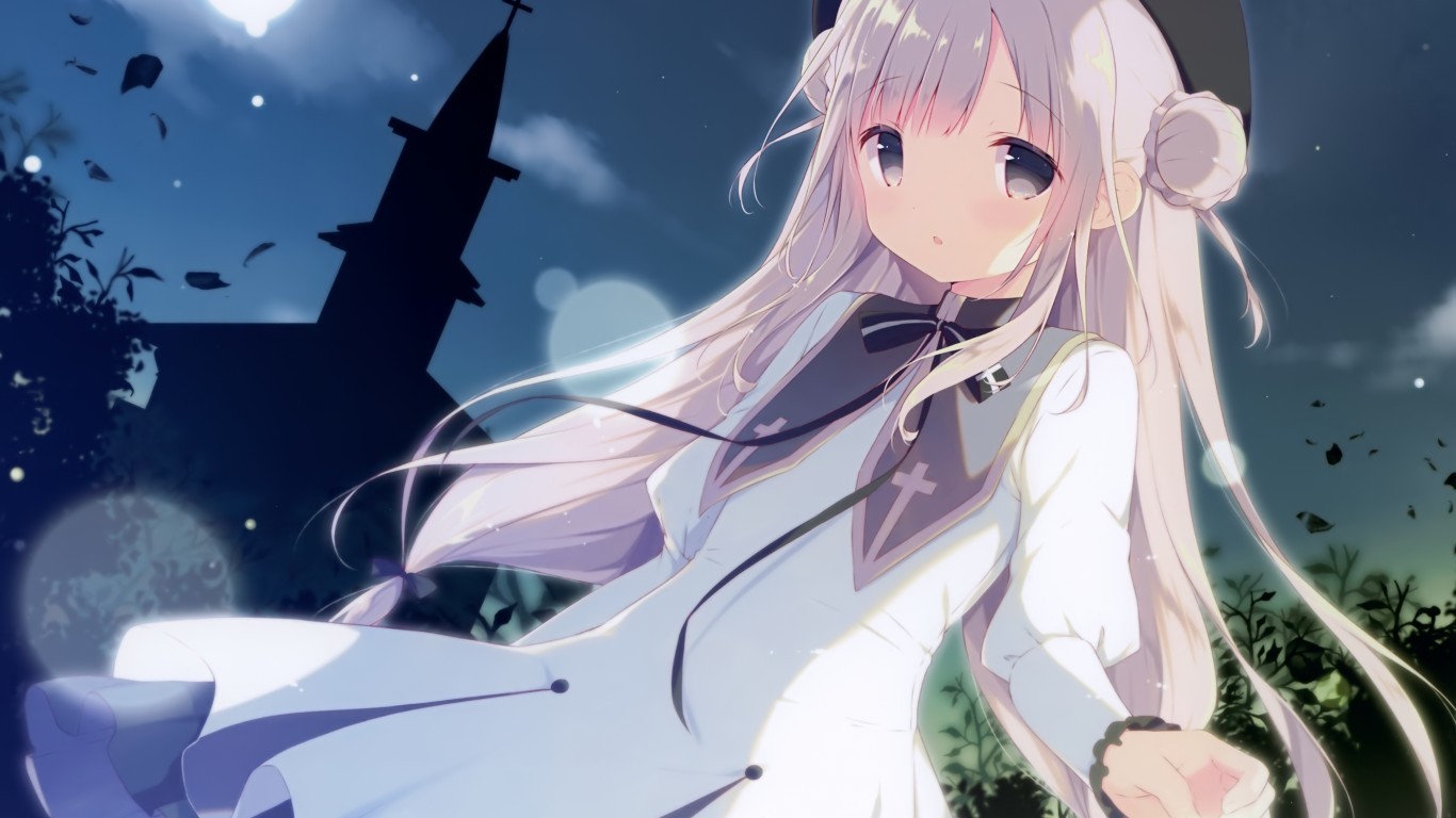 Anime Girl, Loli, White Hair, Dress, Moon, Church, , HD Wallpaper & Backgrounds