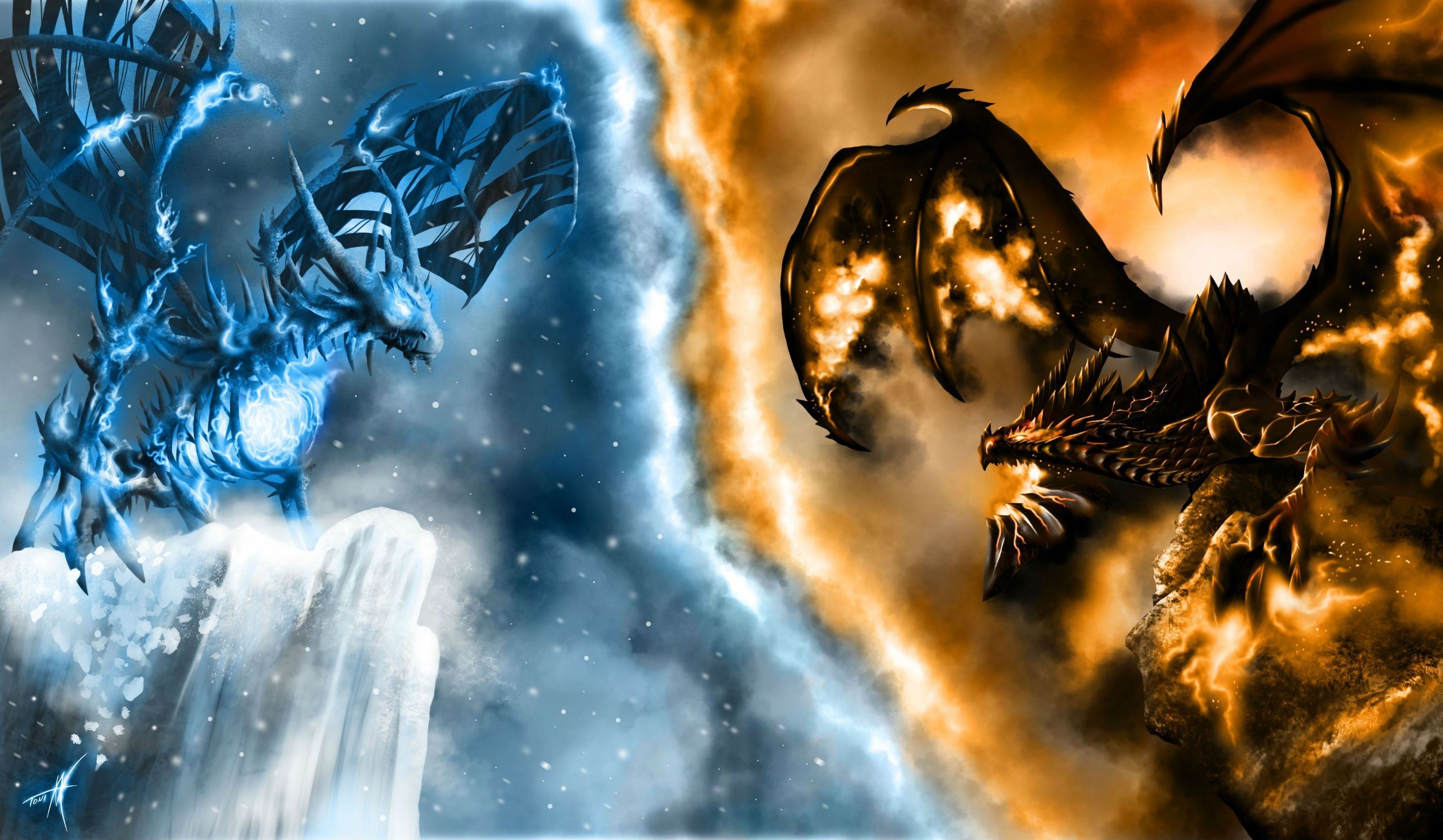 Wallpaper - Fire Vs Ice Dragon , HD Wallpaper & Backgrounds