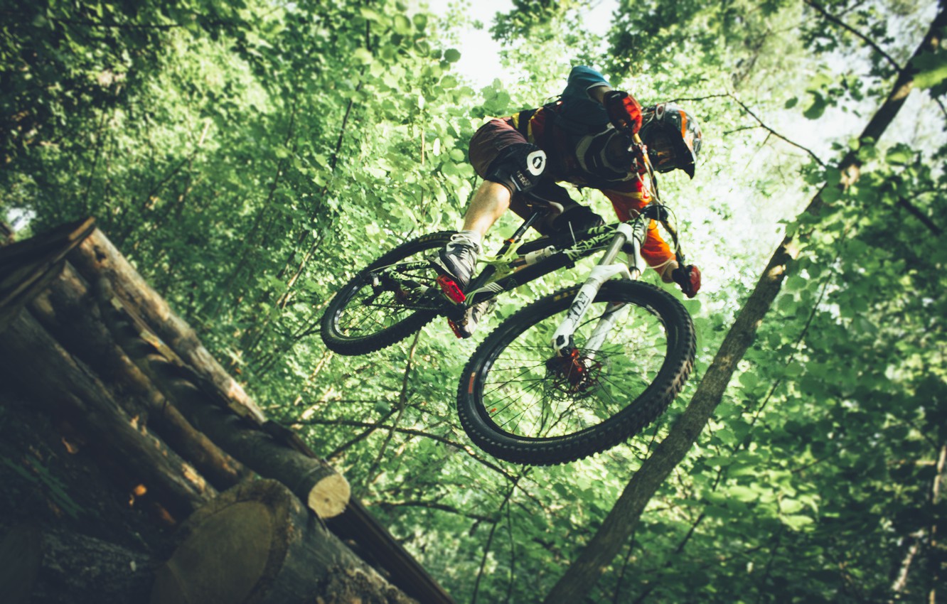 Photo Wallpaper Forest, Bike, Jump, Forest, Ryder, - Downhill Mountainbike Wallpaper Green Hd , HD Wallpaper & Backgrounds