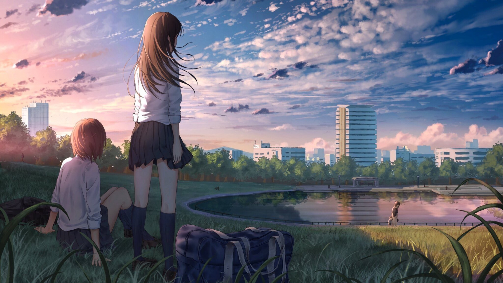 Wallpaper Friends, School Dress, Outdoor, Anime Girls - Anime Girl In A Park , HD Wallpaper & Backgrounds