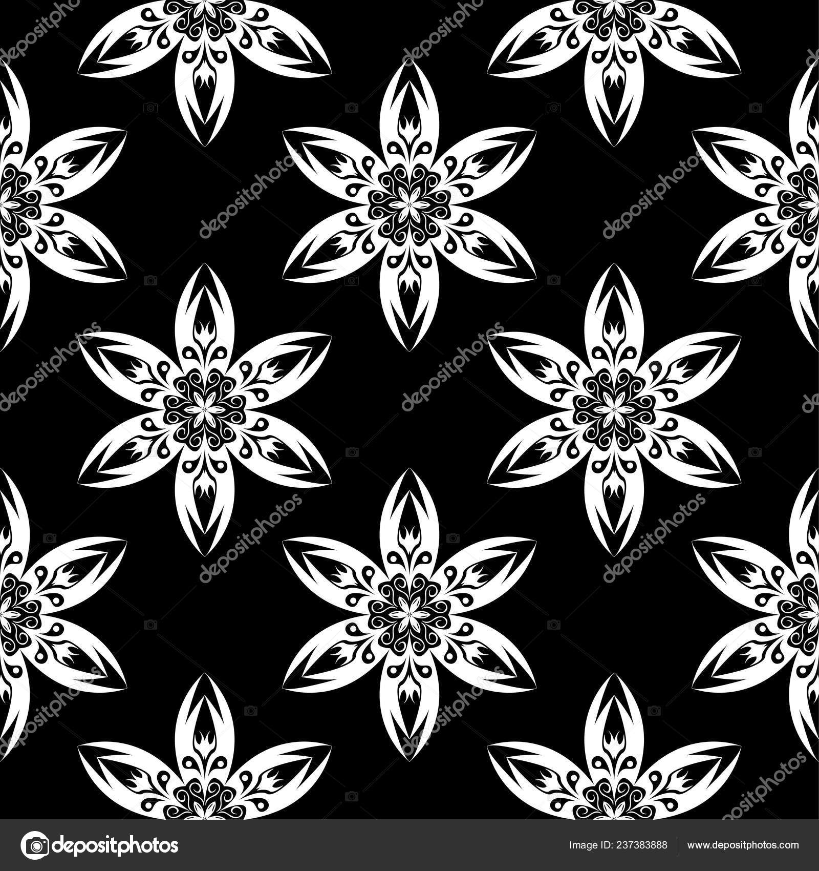 White Flowers Black Background Ornamental Seamless - Motif , HD Wallpaper & Backgrounds