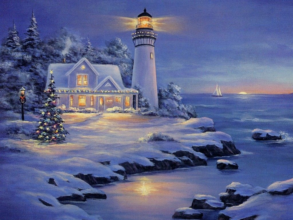 Thomas Kinkade Christmas Lighthouse , HD Wallpaper & Backgrounds