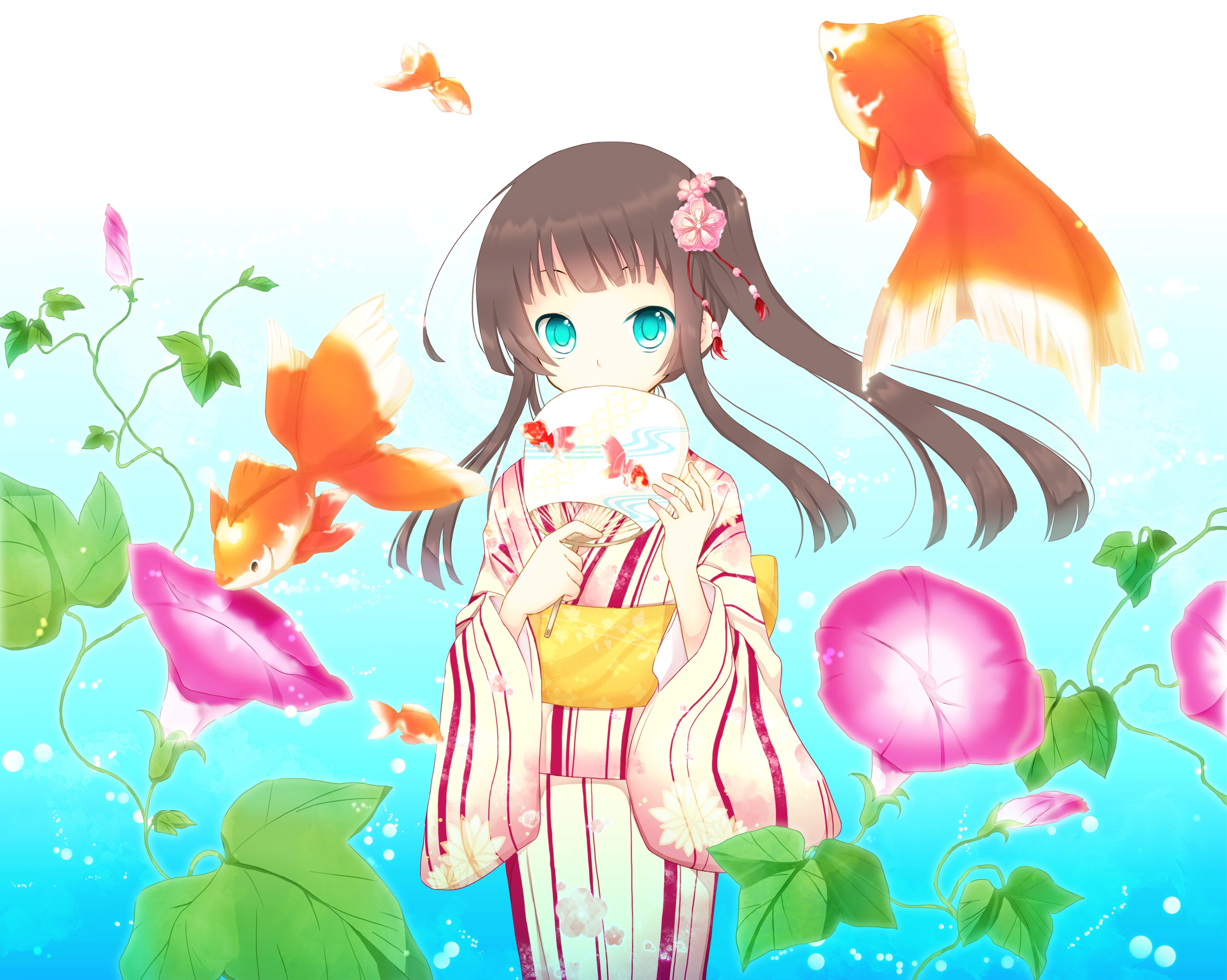 Anime Girl, Blue Eyes, Hd - Anime Girl Brown Hair Kimono Blue Eyes , HD Wallpaper & Backgrounds