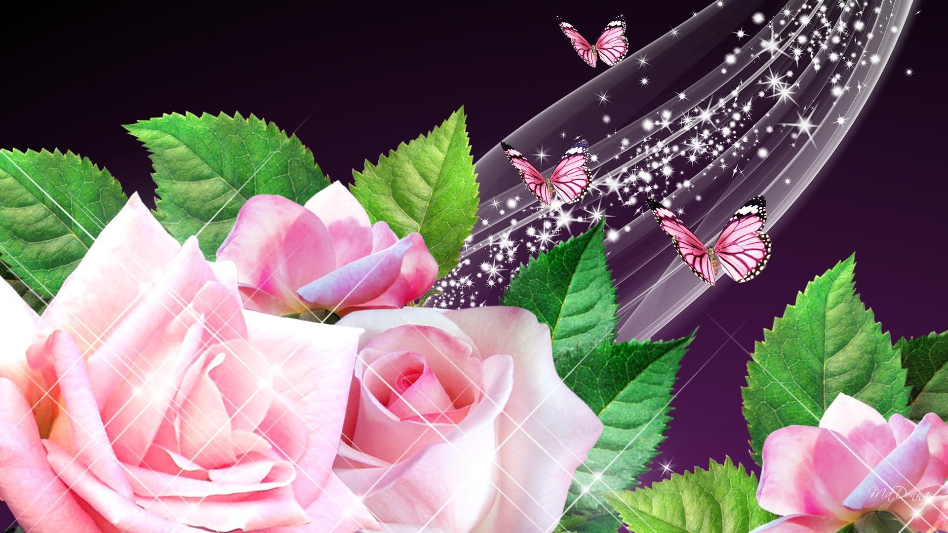 Wallpaper Bunga Mawar Merah 34 Image Collections Of - Butterfly Flowers Pink Shiny , HD Wallpaper & Backgrounds