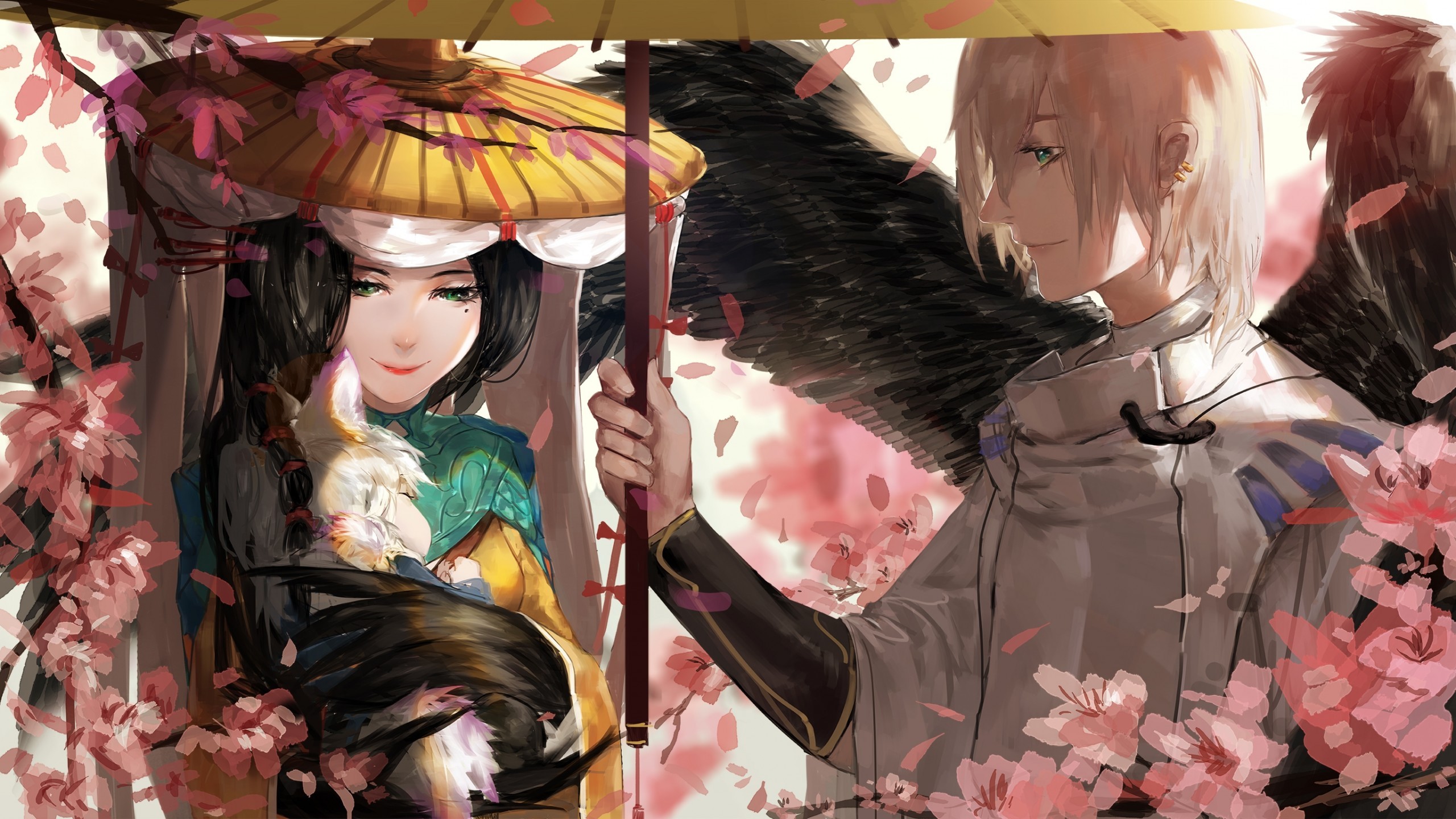 Anime Married Couple, Baby, Animal Ears, Blossom, Painting, - Onmyoji Ootengu , HD Wallpaper & Backgrounds