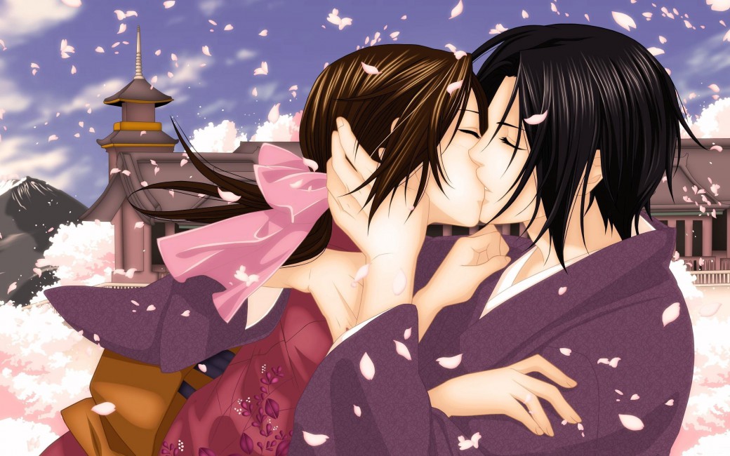 Boy Girl Kissing Feeling Petals Kimono Tenderness - Girl Kissing Boy Anime Hd , HD Wallpaper & Backgrounds