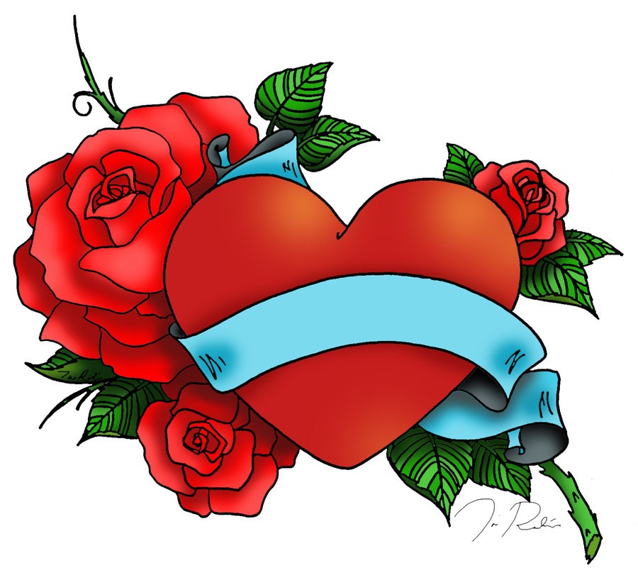 Red Roses Heart Tattoo Design With Blue Banner - Rose And Heart With Banner , HD Wallpaper & Backgrounds