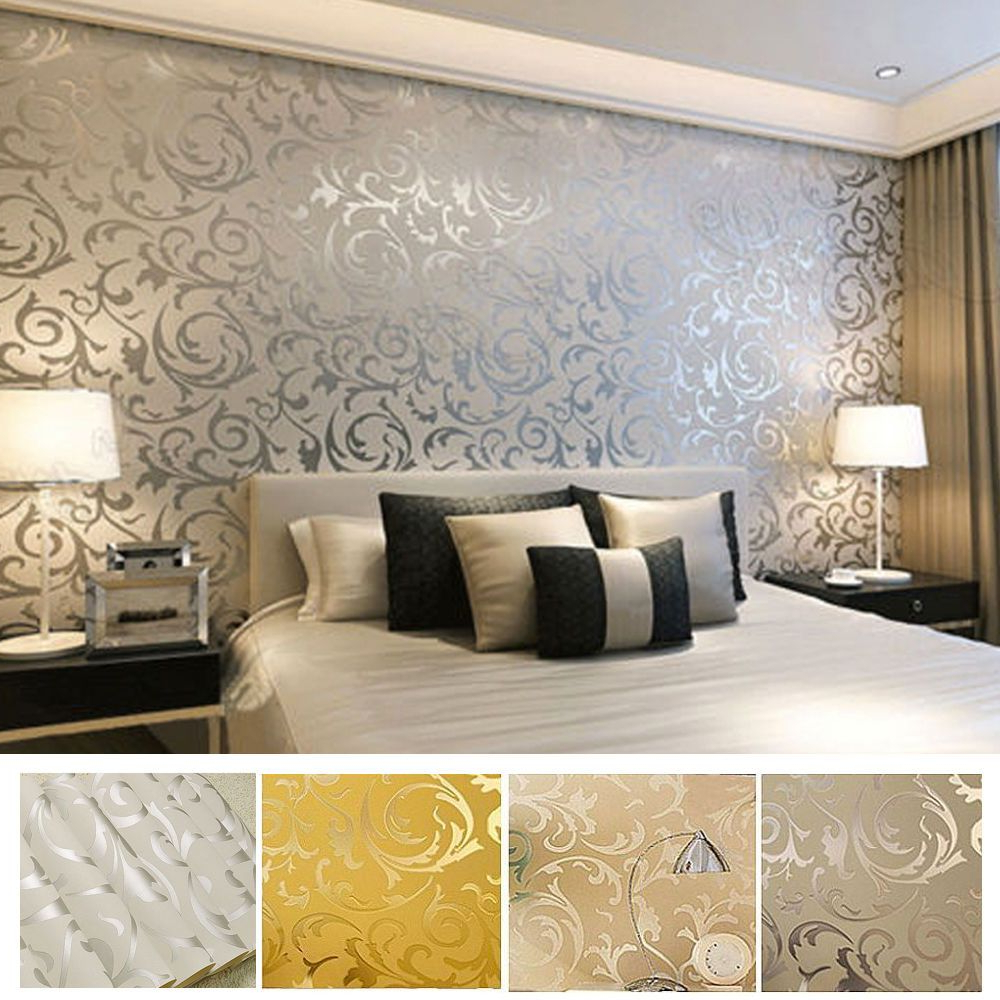 Silver Feature Wall Bedroom Victorian Damask Luxury - Luxury Bedroom ...