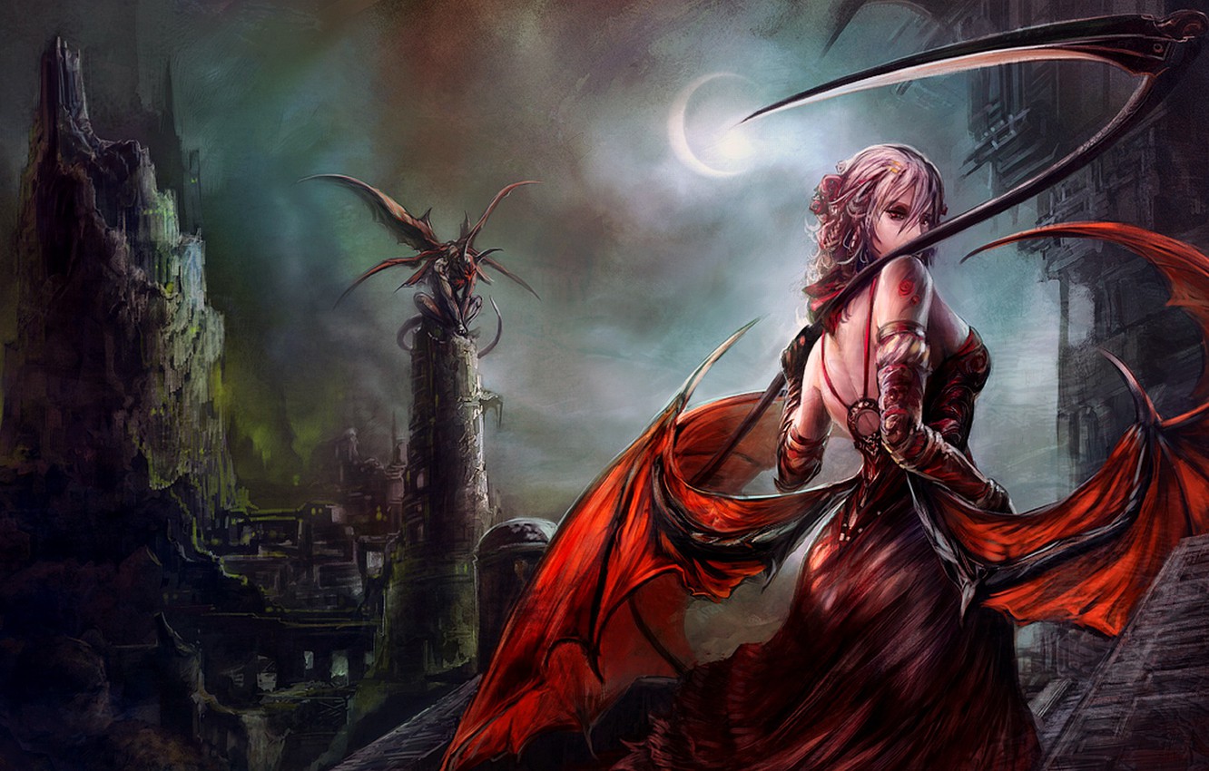 Photo Wallpaper Dark, Demon, Girl, Moon, Fantasy, Tower, - Female Demon Fantasy Art , HD Wallpaper & Backgrounds