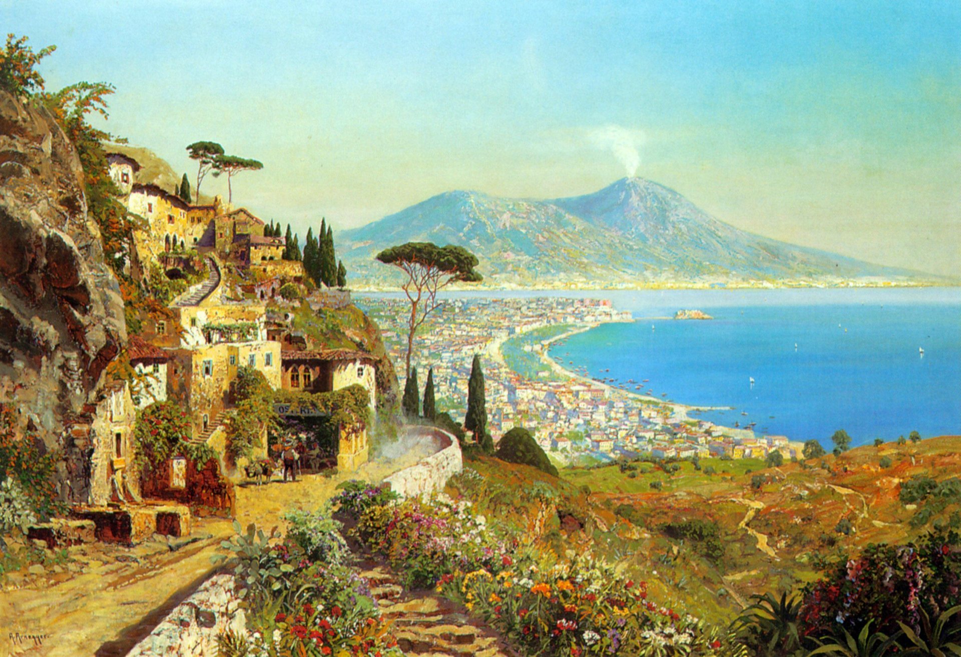 Alois Arnegger The Bay Of Naples Landscape Painting - Bay Of Naples Italy Painting , HD Wallpaper & Backgrounds