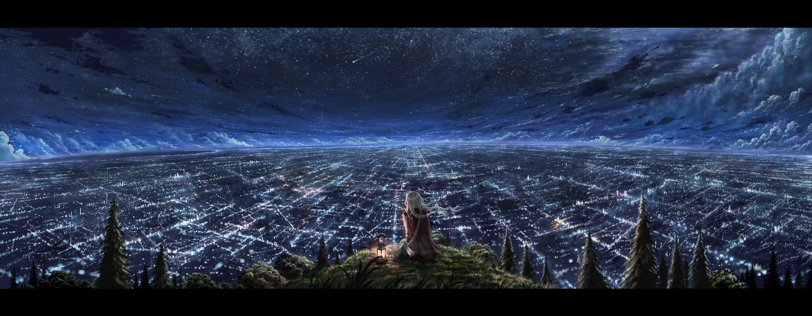 Anime Cityscape At Night Dual Screen Wallpaper Dual - City At Night Stars , HD Wallpaper & Backgrounds