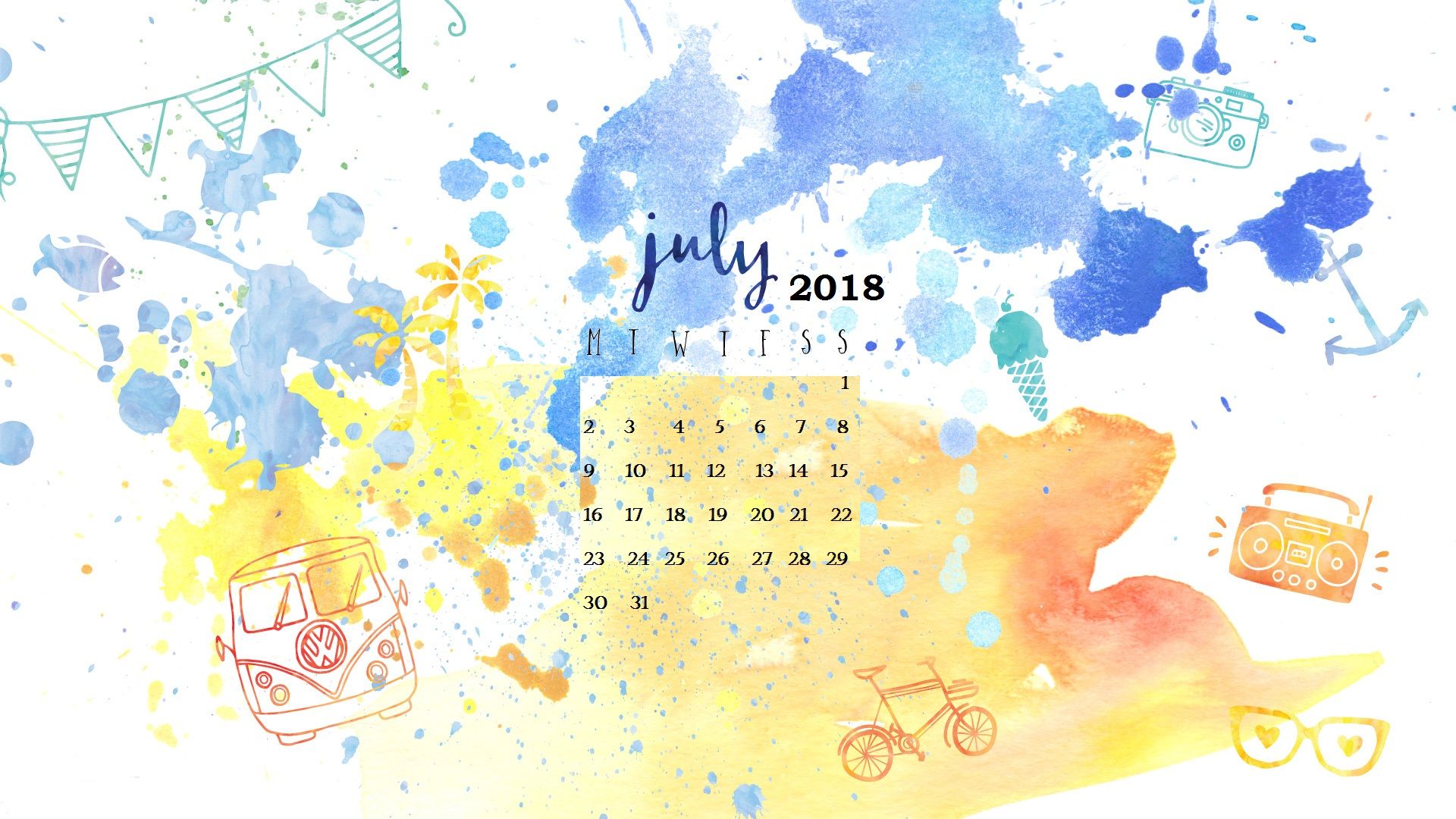 Watercolor July 2018 Calendar Wallpapers Designs Layouts - July 2018 Wallpaper Calendar , HD Wallpaper & Backgrounds