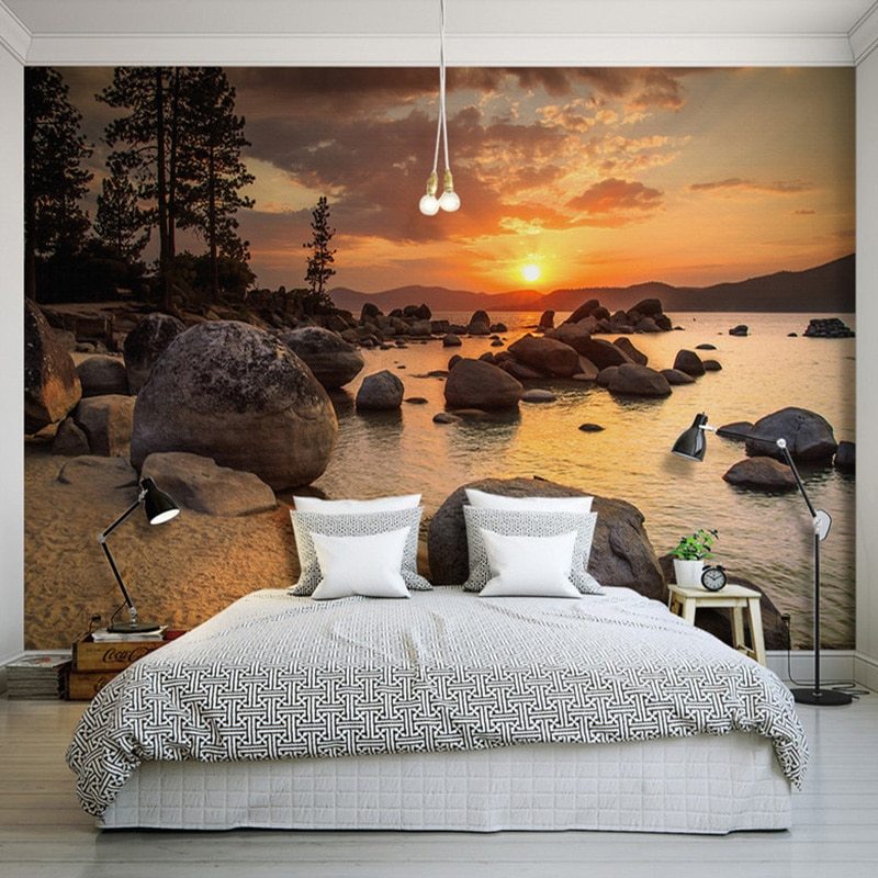 Custom 3d Beautiful Sunset Rock Seaside Landscape Murals - Hd Wallpapers For Bedroom Wall , HD Wallpaper & Backgrounds