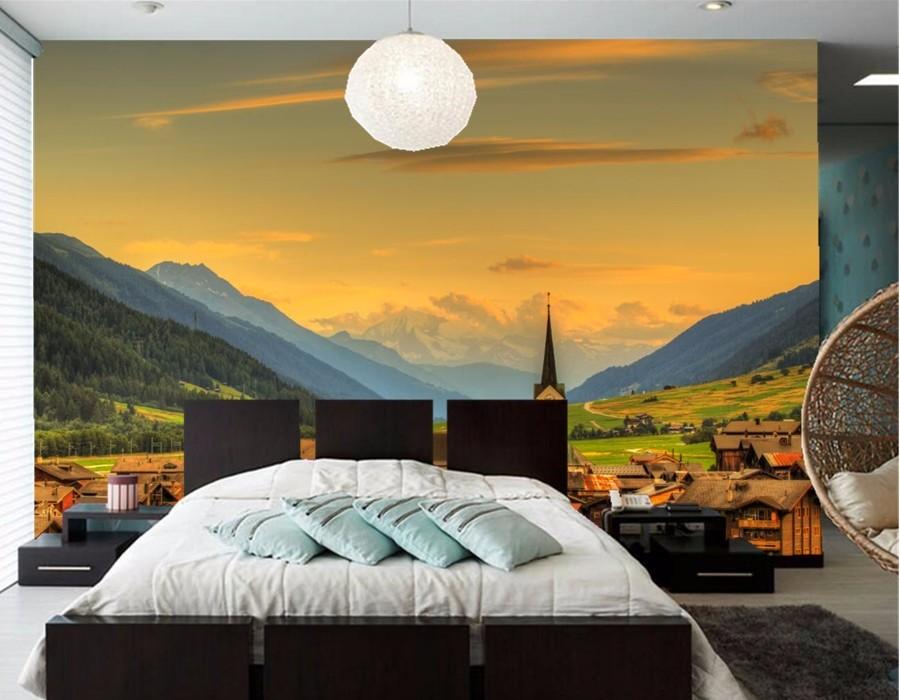 Custom 3d Mural,papel De Pared Switzerland Houses Sky - Nature Wallpaper Bedroom , HD Wallpaper & Backgrounds