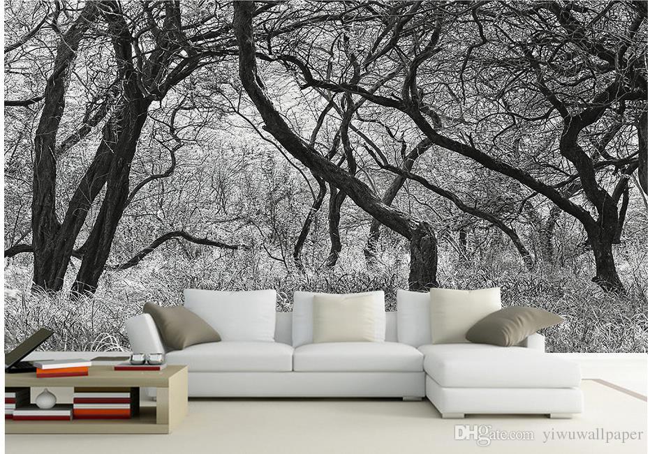 Black And White Trees With Frescoes Mural 3d Wallpaper - Tree Mural Wallpaper Black And White , HD Wallpaper & Backgrounds