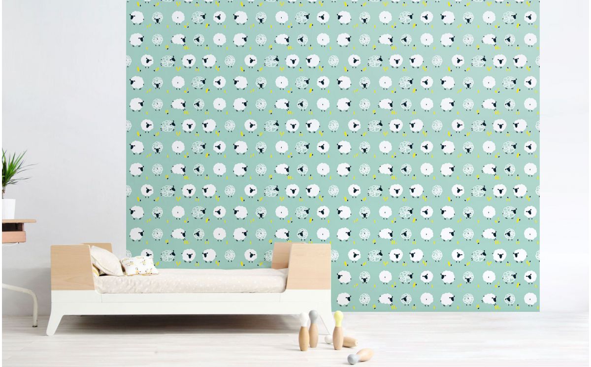Cute Mint Blue Sheep Nursery Wallpaper For Kids Room, - Wallpaper , HD Wallpaper & Backgrounds
