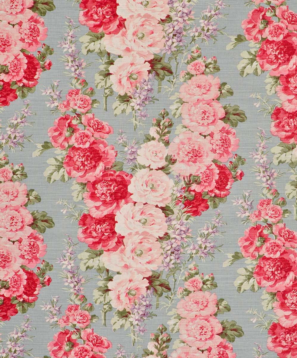 Cabbage Roses On A Blue/gray Background - Hollyhocks Fabric , HD Wallpaper & Backgrounds