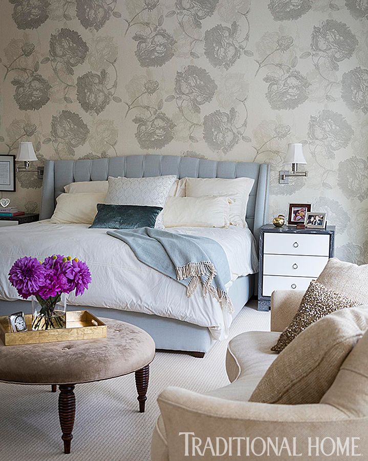 A Soft Greige All-over Cabbage Rose Patterned Wallpaper - Light Blue Headboard Bedroom , HD Wallpaper & Backgrounds