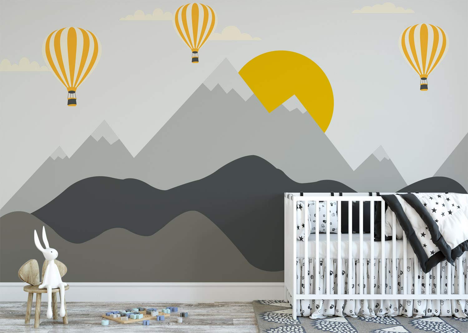 Gray Mountain And Yellow Sun Balloons Nursery Wall - Sloth Wall Stickers , HD Wallpaper & Backgrounds