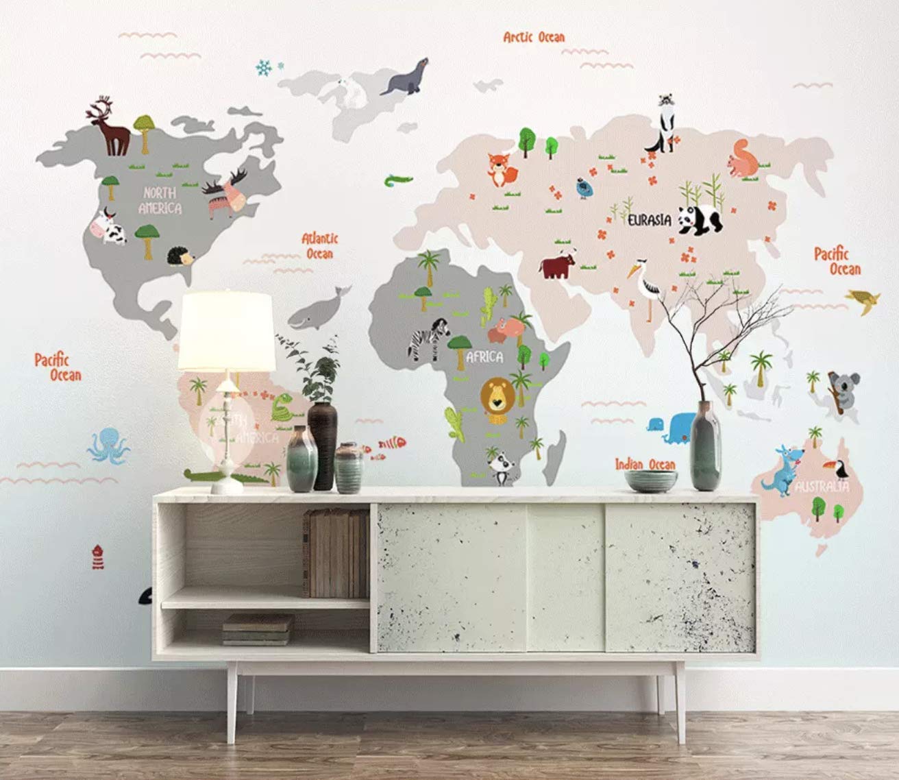Murwall Kids Wallpaper Child World Map Wall Murals - Hand Painted Tropical Leaf Wall , HD Wallpaper & Backgrounds