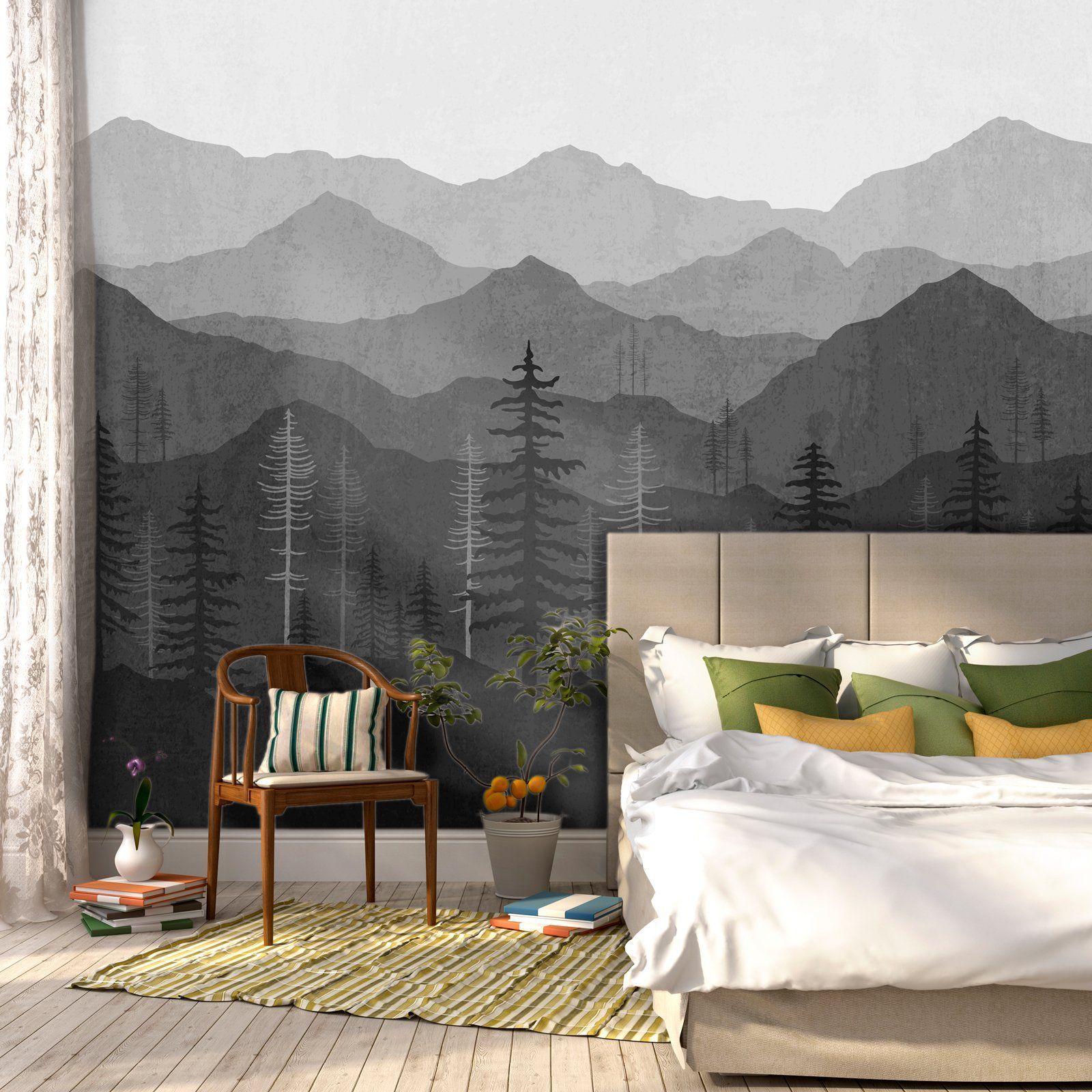Black Ombré Mountain Mural - Brick Wallpapers For Bedrooms , HD Wallpaper & Backgrounds