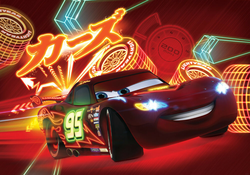 Details About 368x254cm Wall Mural Wallpaper For Kids - Cars 2 Lightning Mcqueen Neon , HD Wallpaper & Backgrounds