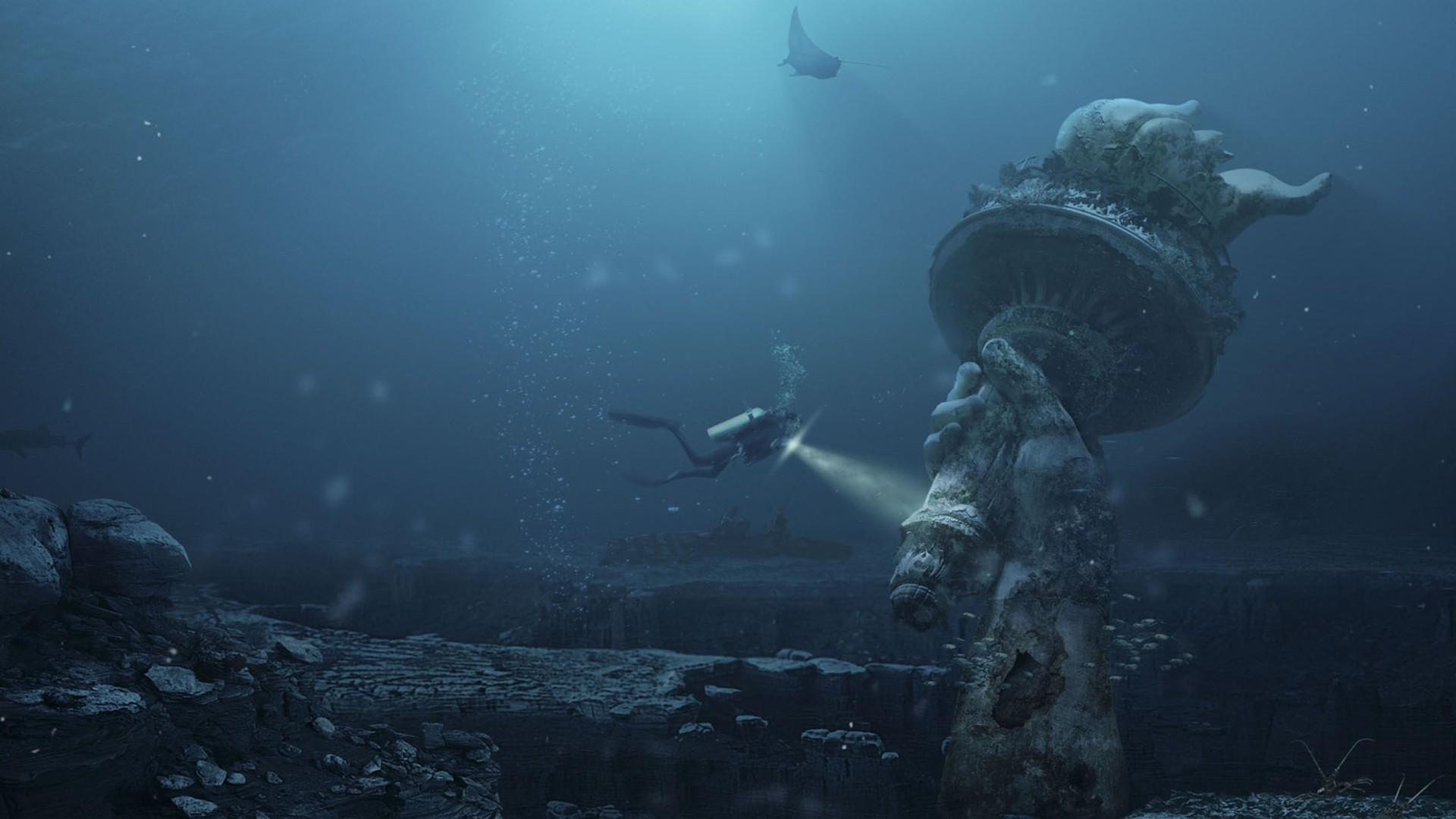 Boat Water Scuba Diver Ocean Sea Underwater Bubbles - Liberty Statue Underwater , HD Wallpaper & Backgrounds