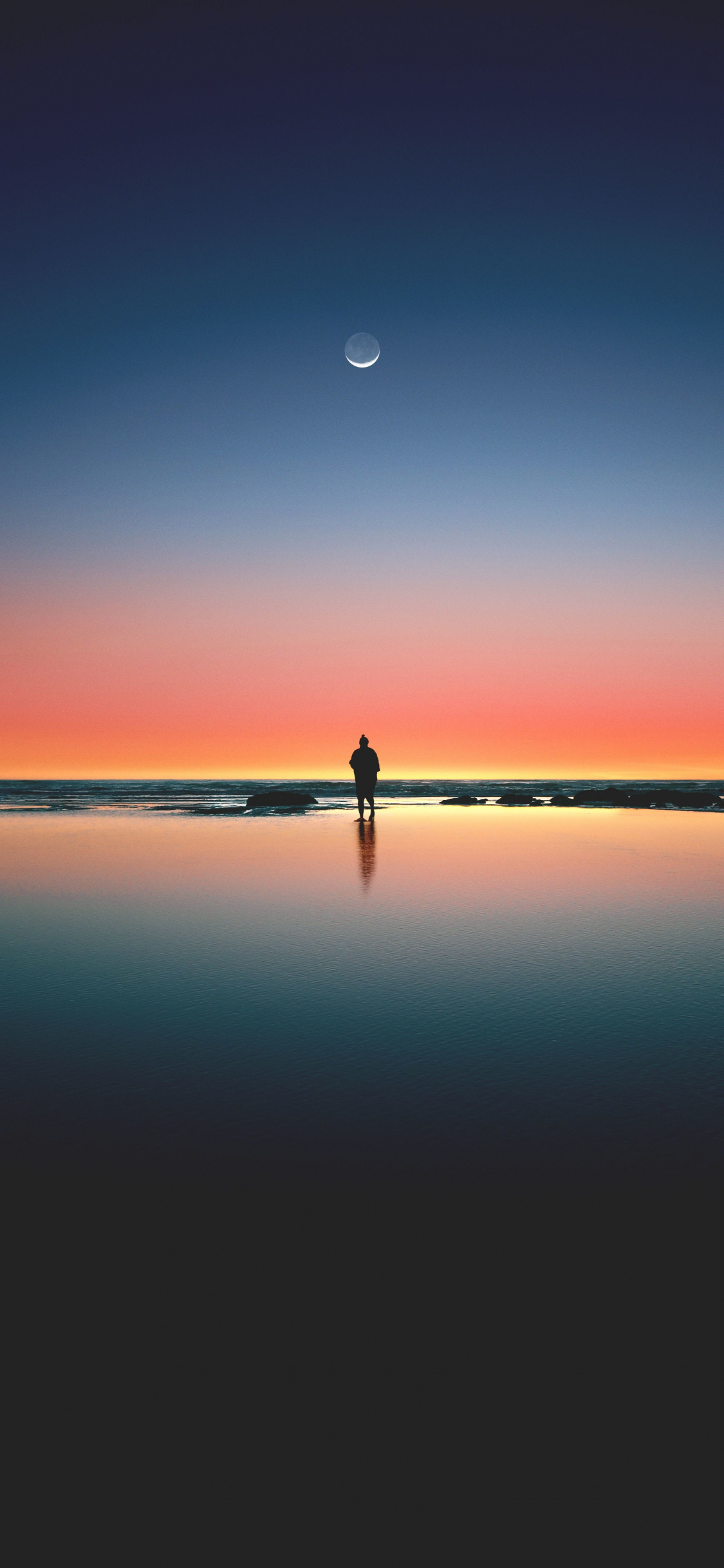 Sunset Beach Sea Horizon Silhouette Moon Wallpaper