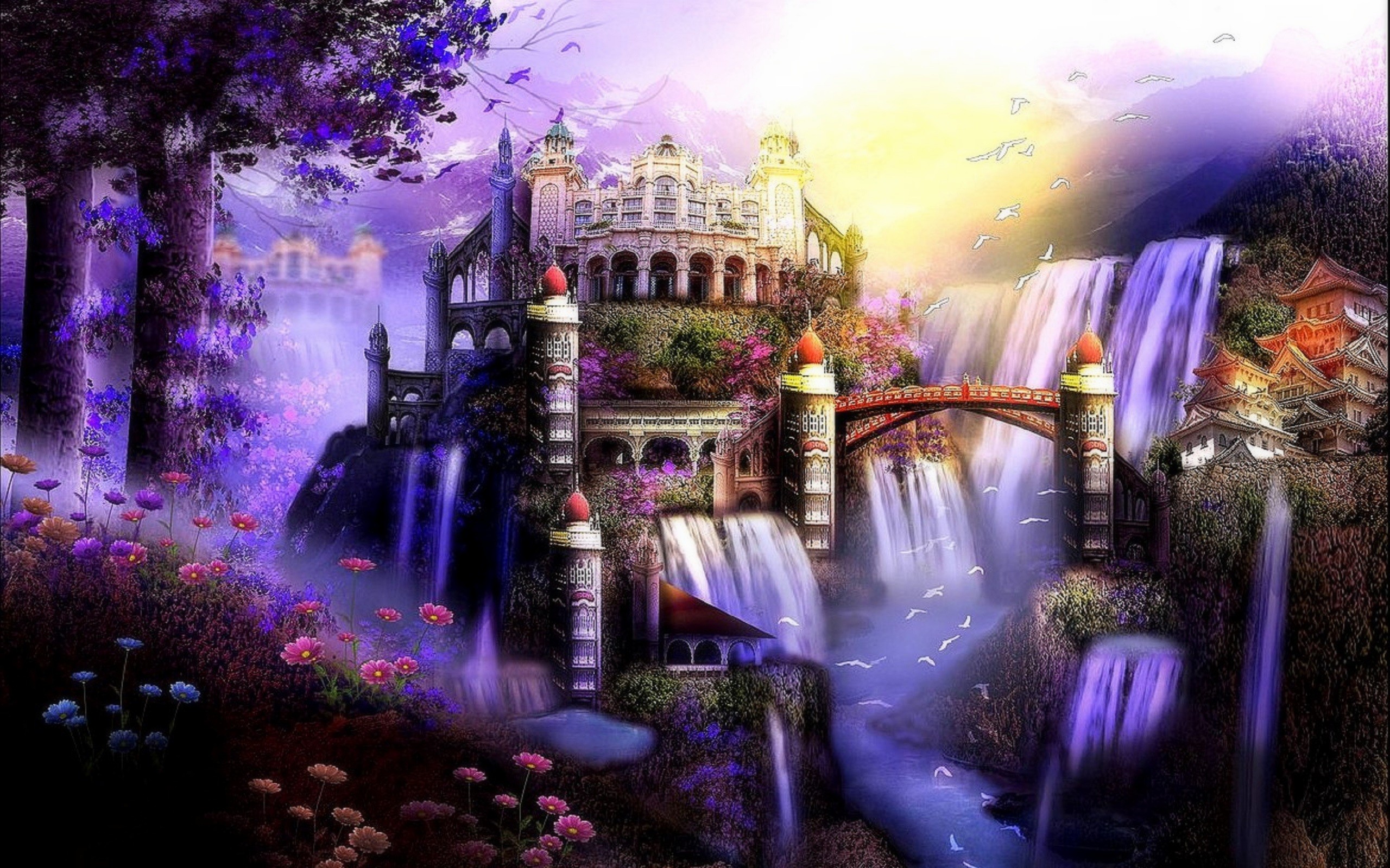 Art Fantasy Waterfall Flower Rainbow Birds Hd Wallpaper - Enchanted Castle Fantasy Art , HD Wallpaper & Backgrounds