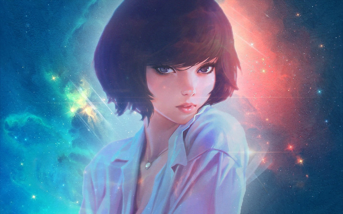 Artwork Of Woman, Anime, Short Hair, Galaxy, Edited, - Short Hair Girl Art , HD Wallpaper & Backgrounds