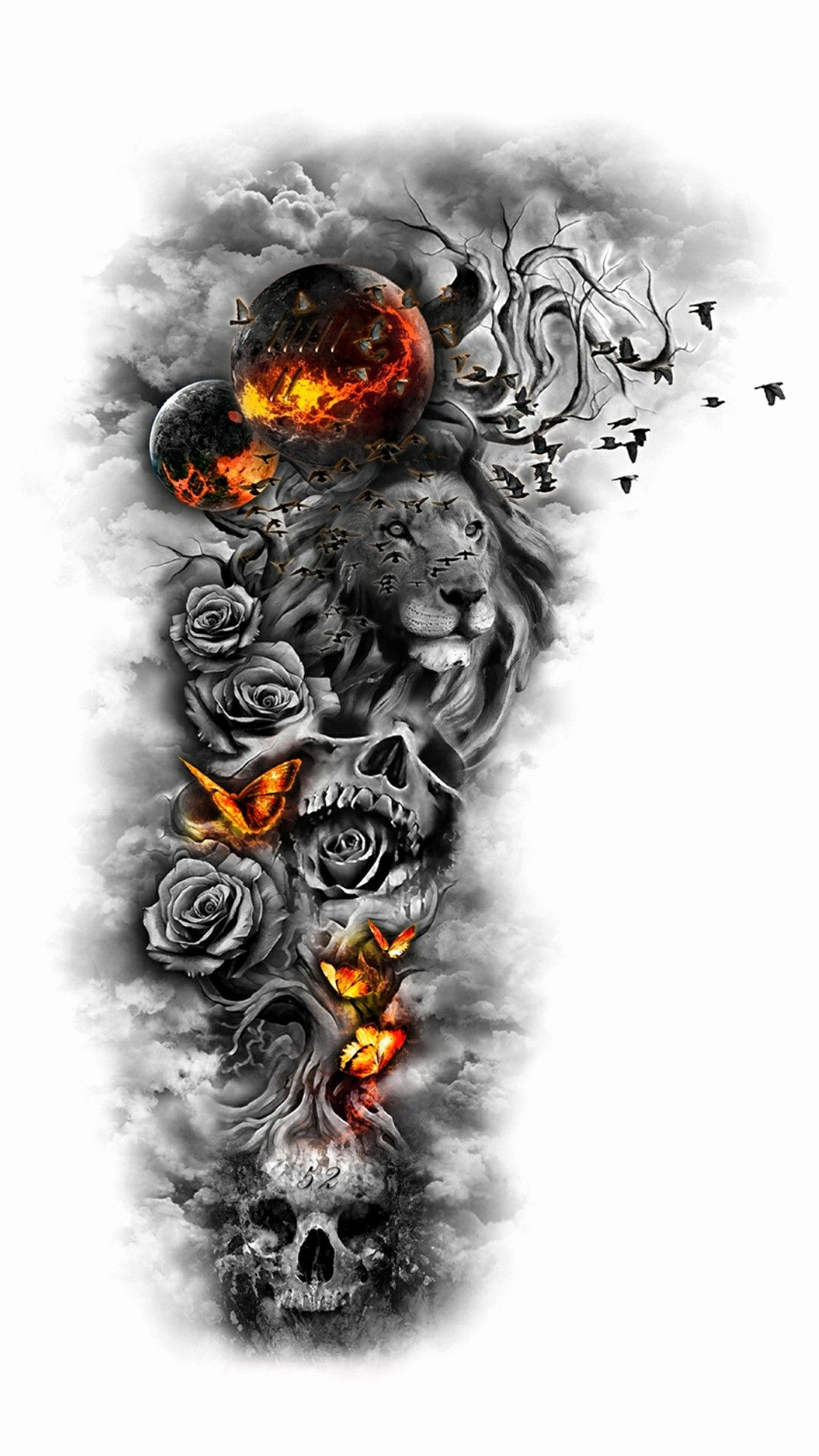 Skull And Flowers Wallpaper - Lion And Skull Tattoo Designs , HD Wallpaper & Backgrounds