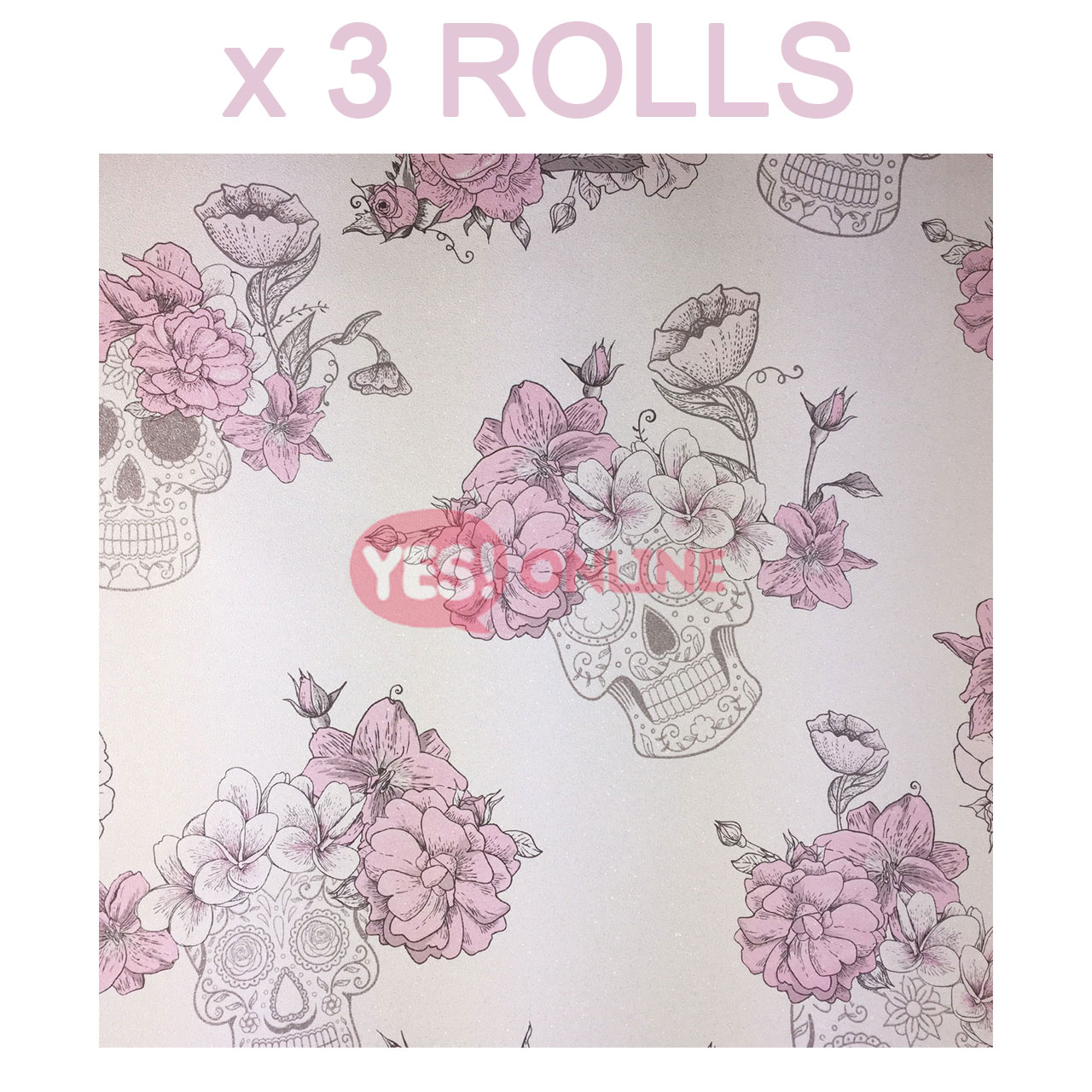 Details About Skull Roses Wallpaper Grey Pink Flower - Wallpaper , HD Wallpaper & Backgrounds