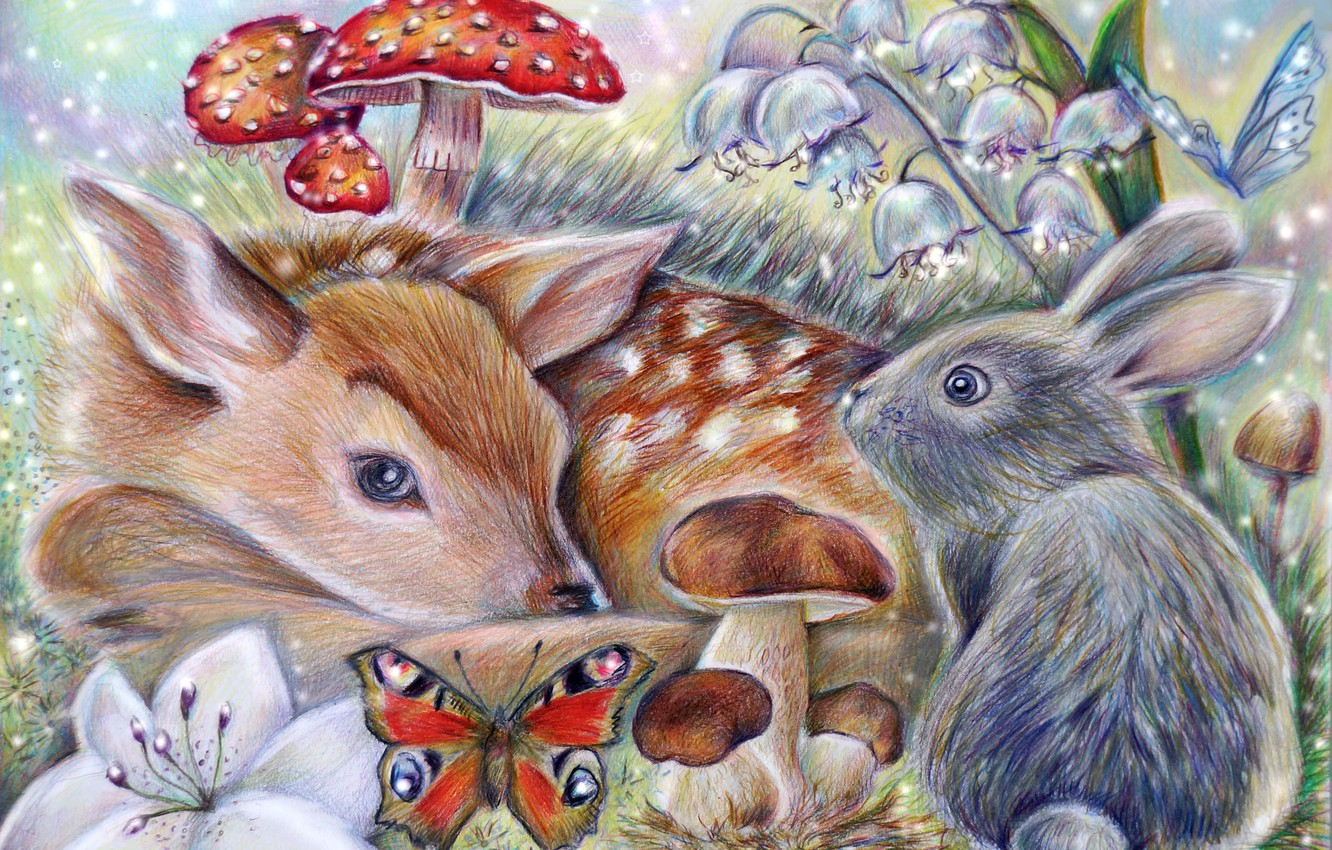 Photo Wallpaper Butterfly, Mushroom, Rabbit, Art, Bambi, - Drawing Of A Deer In Colour , HD Wallpaper & Backgrounds