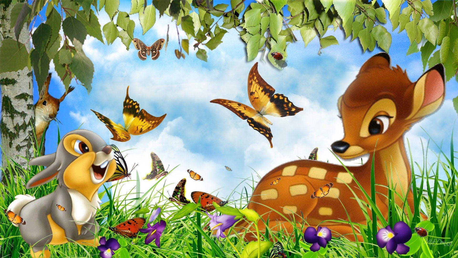 Bunnies And Butterflies - Deer And Rabbit Cartoon , HD Wallpaper & Backgrounds