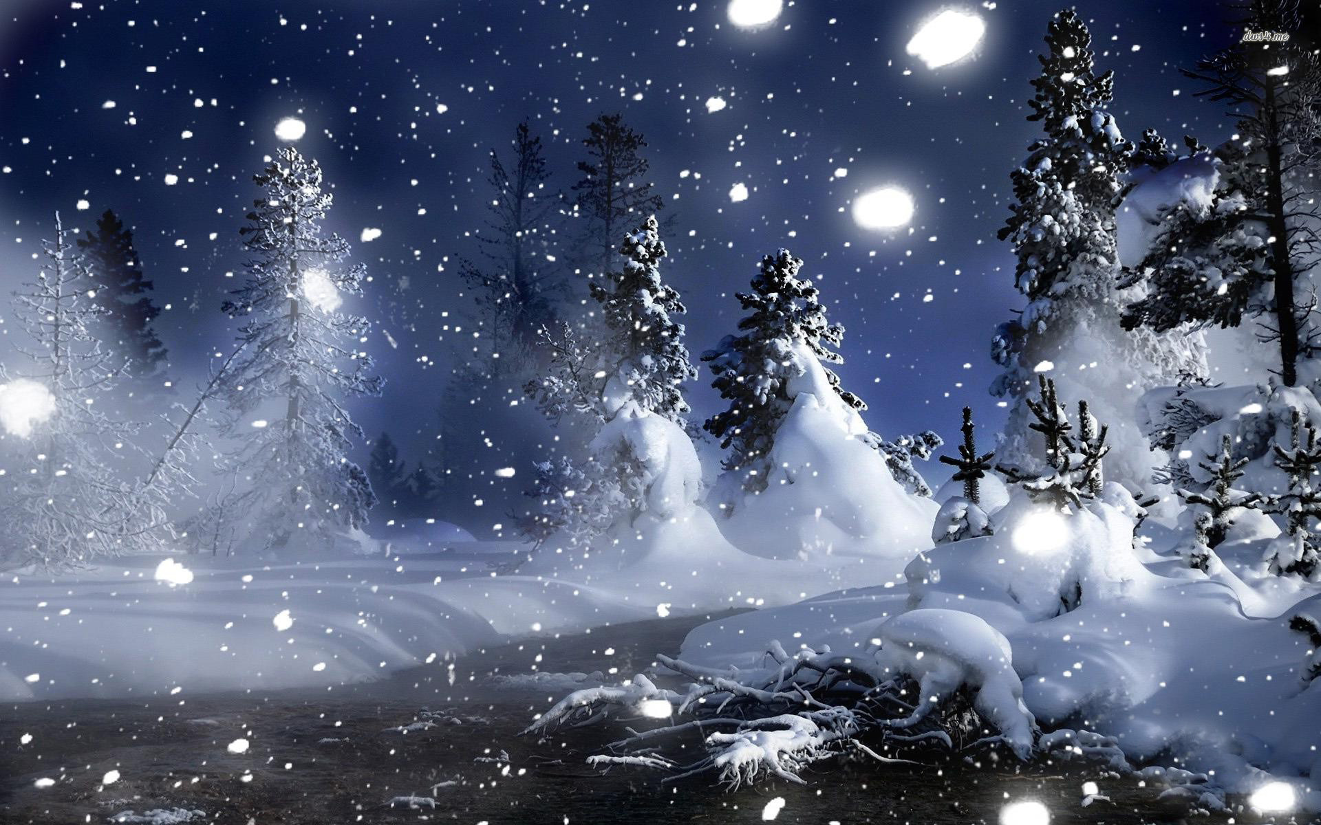 Snowy Night Wallpaper - Snowy Trees At Night , HD Wallpaper & Backgrounds