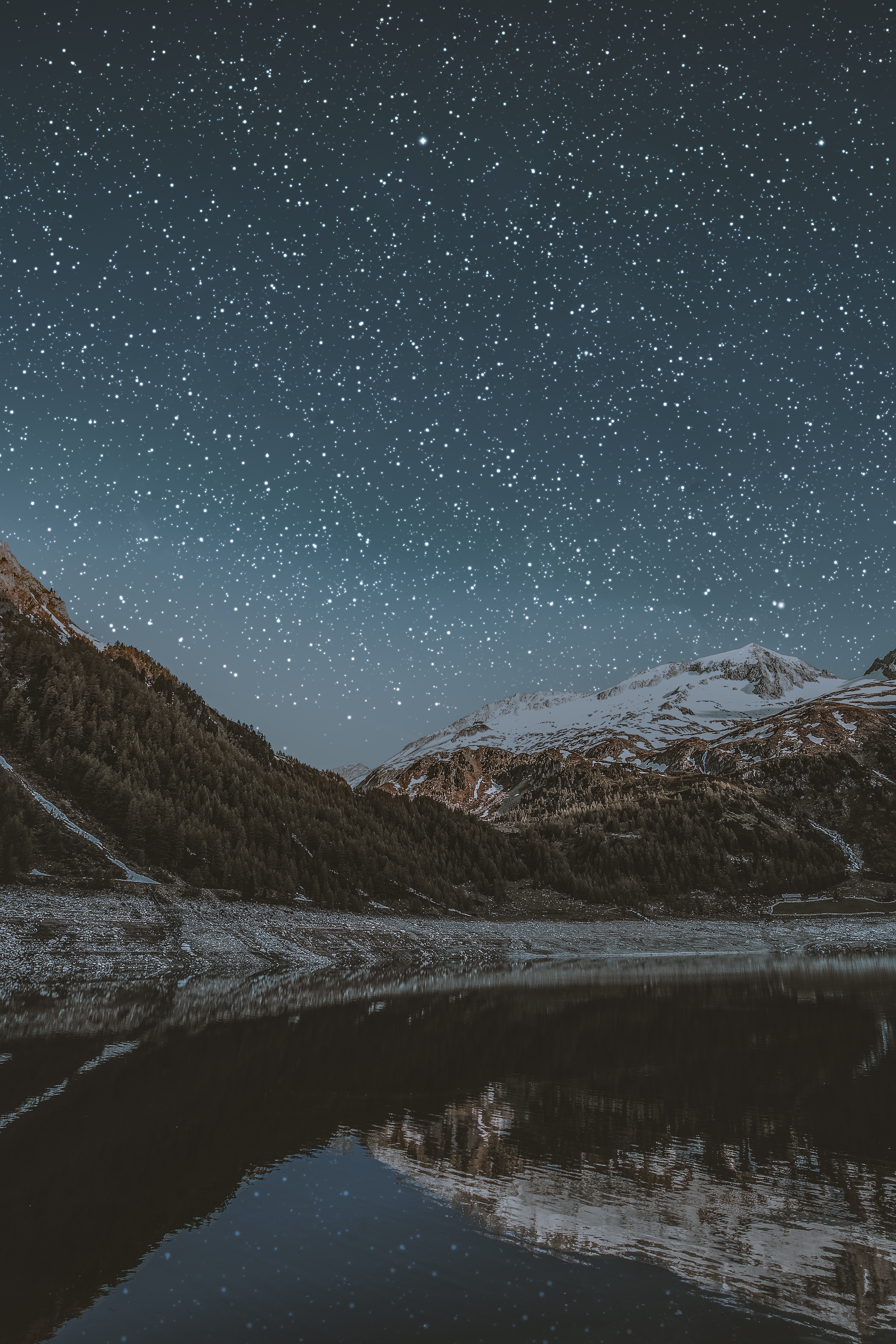 Mountains Lake Starry Sky Snowy Night - Wallpaper , HD Wallpaper & Backgrounds