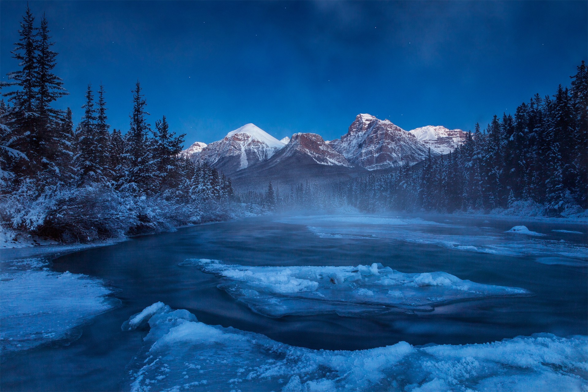 Nature, Landscape, Mountain, Trees, Forest, Clouds, - Snowy Mountains By The Lake At Night , HD Wallpaper & Backgrounds