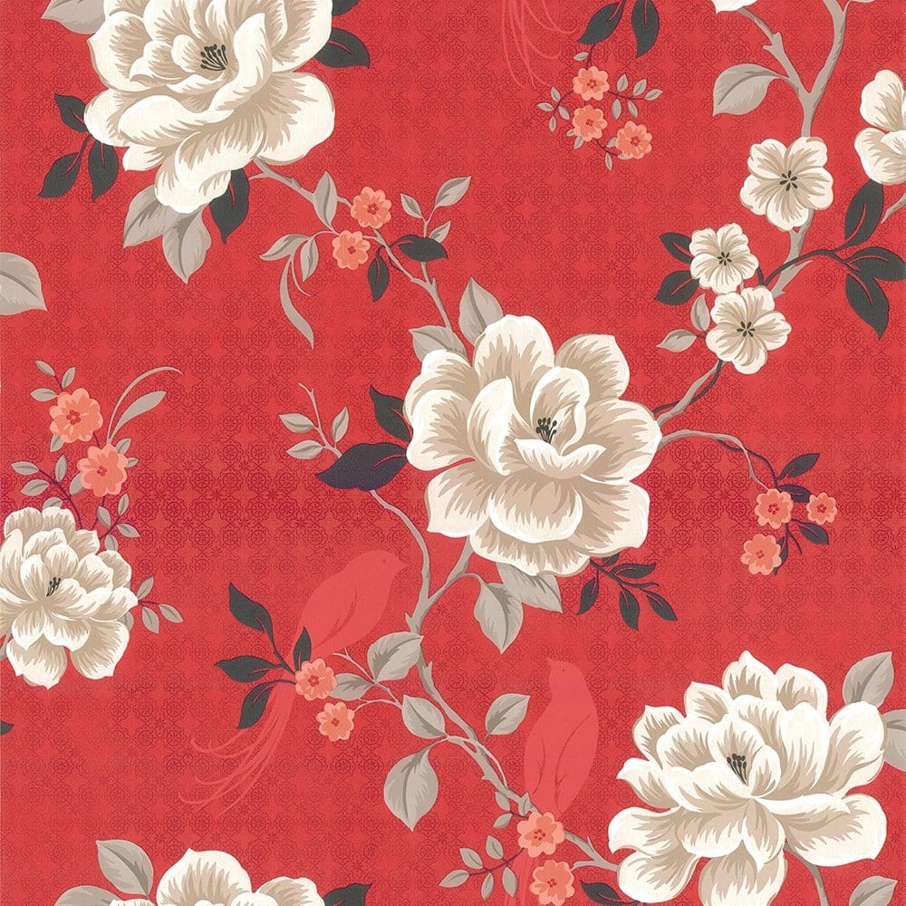 Oriental Floral Birds Wallpaper Red Cream Black - Red Oriental Flower , HD Wallpaper & Backgrounds